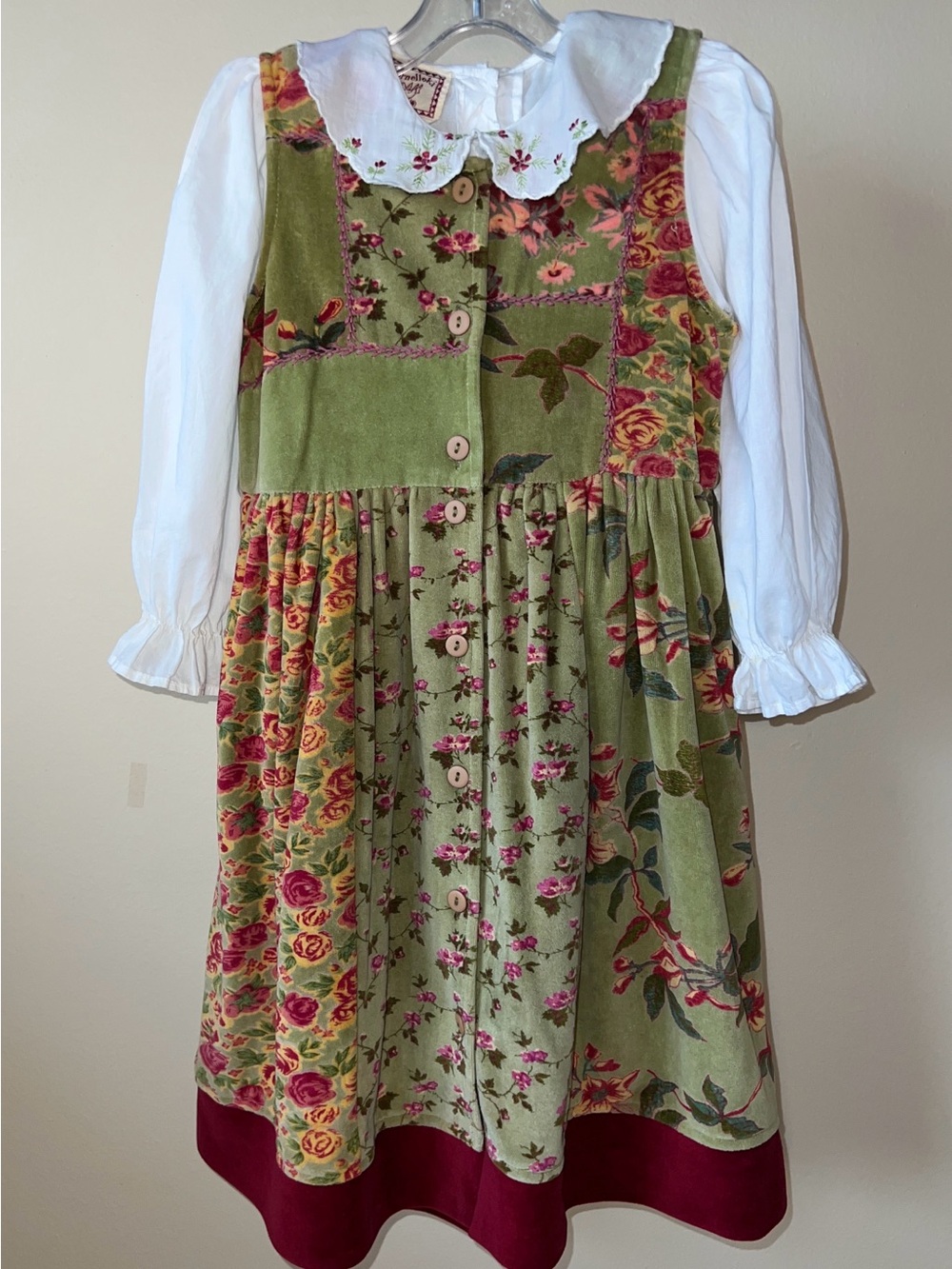 VTG 90' s April Cornell Girls Green Floral Dress White Peter Pan Collar Blouse